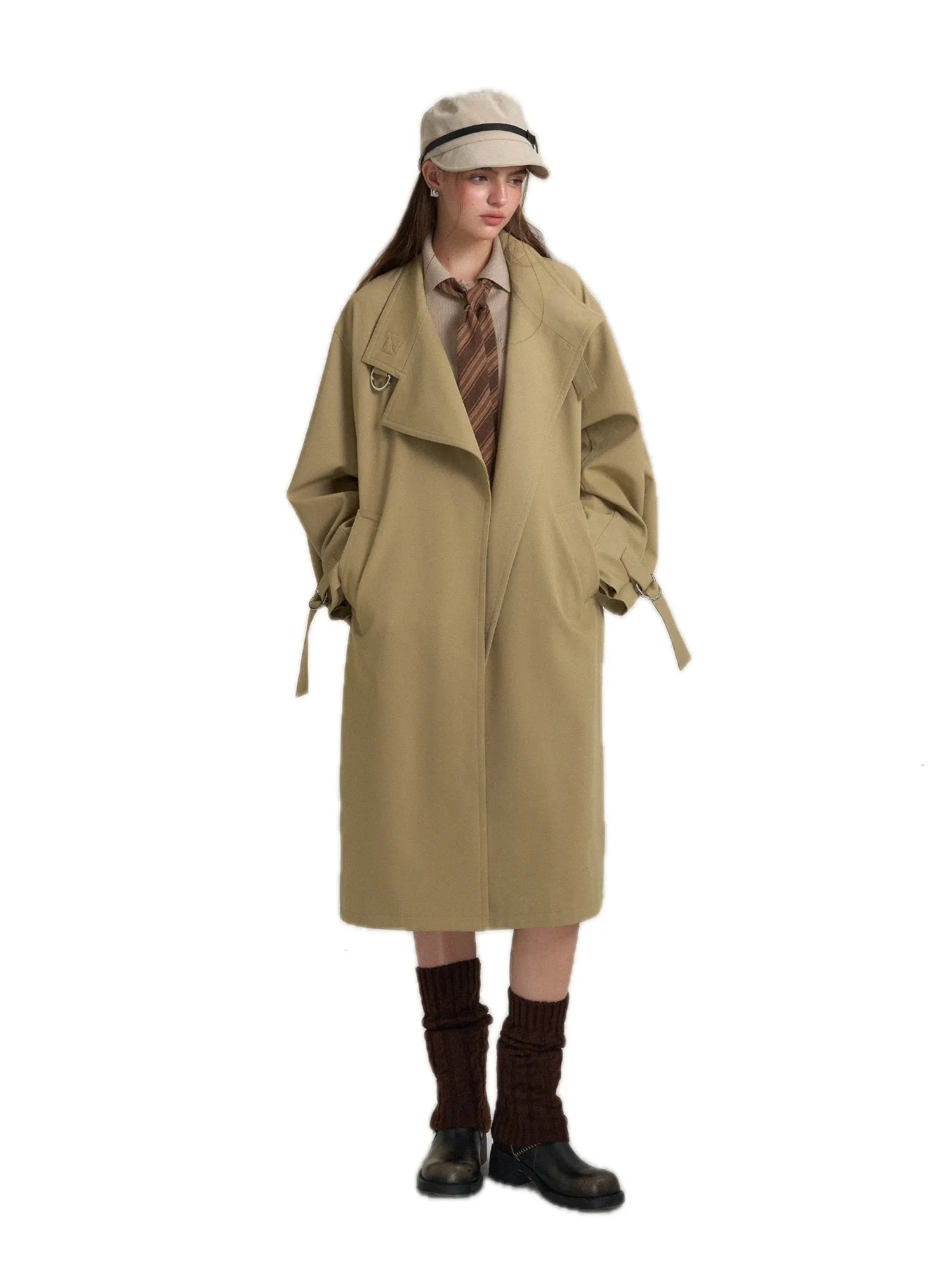 Retro Casual Silhouette Trench Coat In Khaki