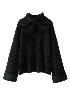 'Retta' Black Ribbed Cropped Turtleneck Sweater