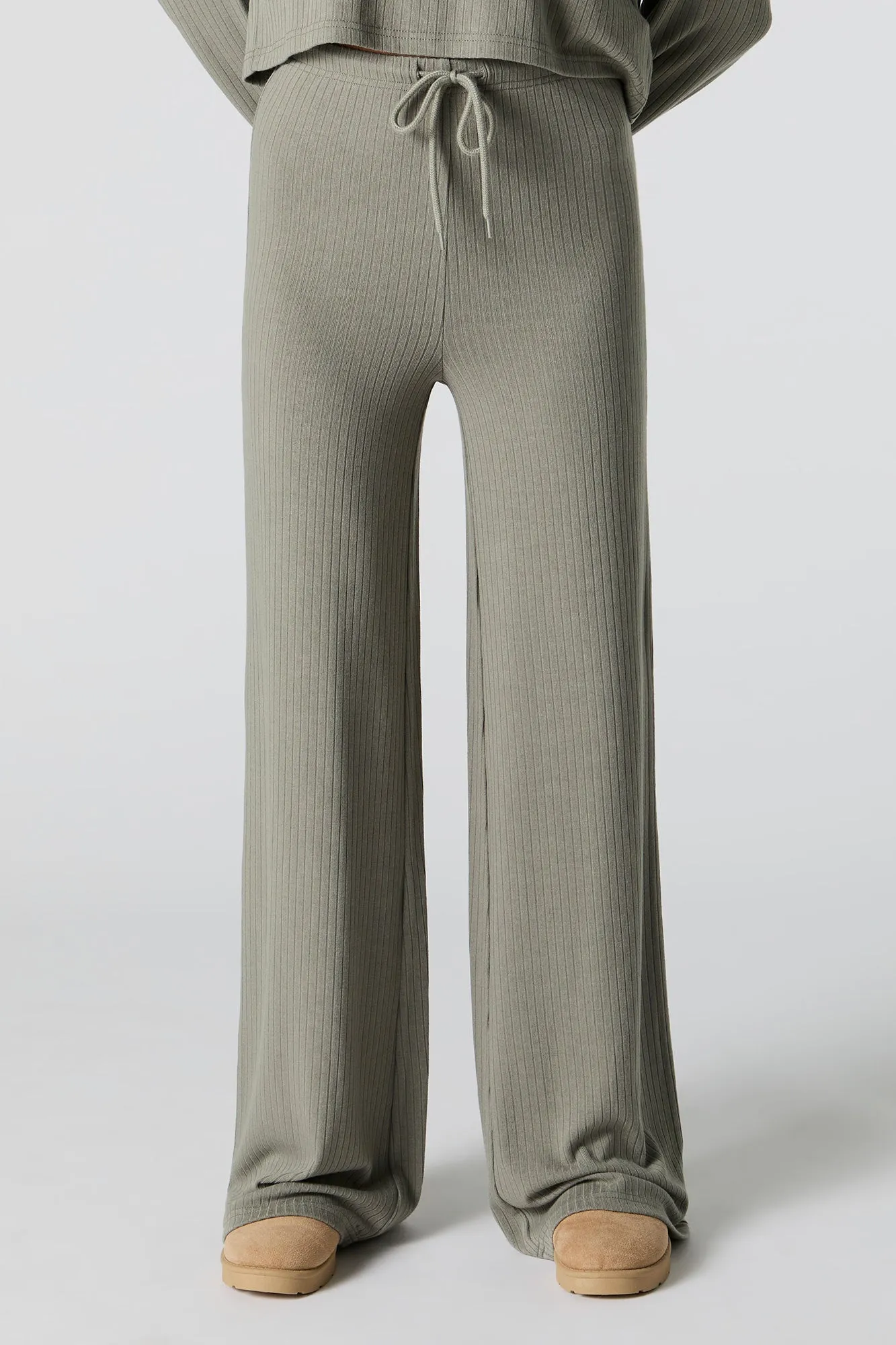 Ribbed Knit Wide Leg Drawstring Pant