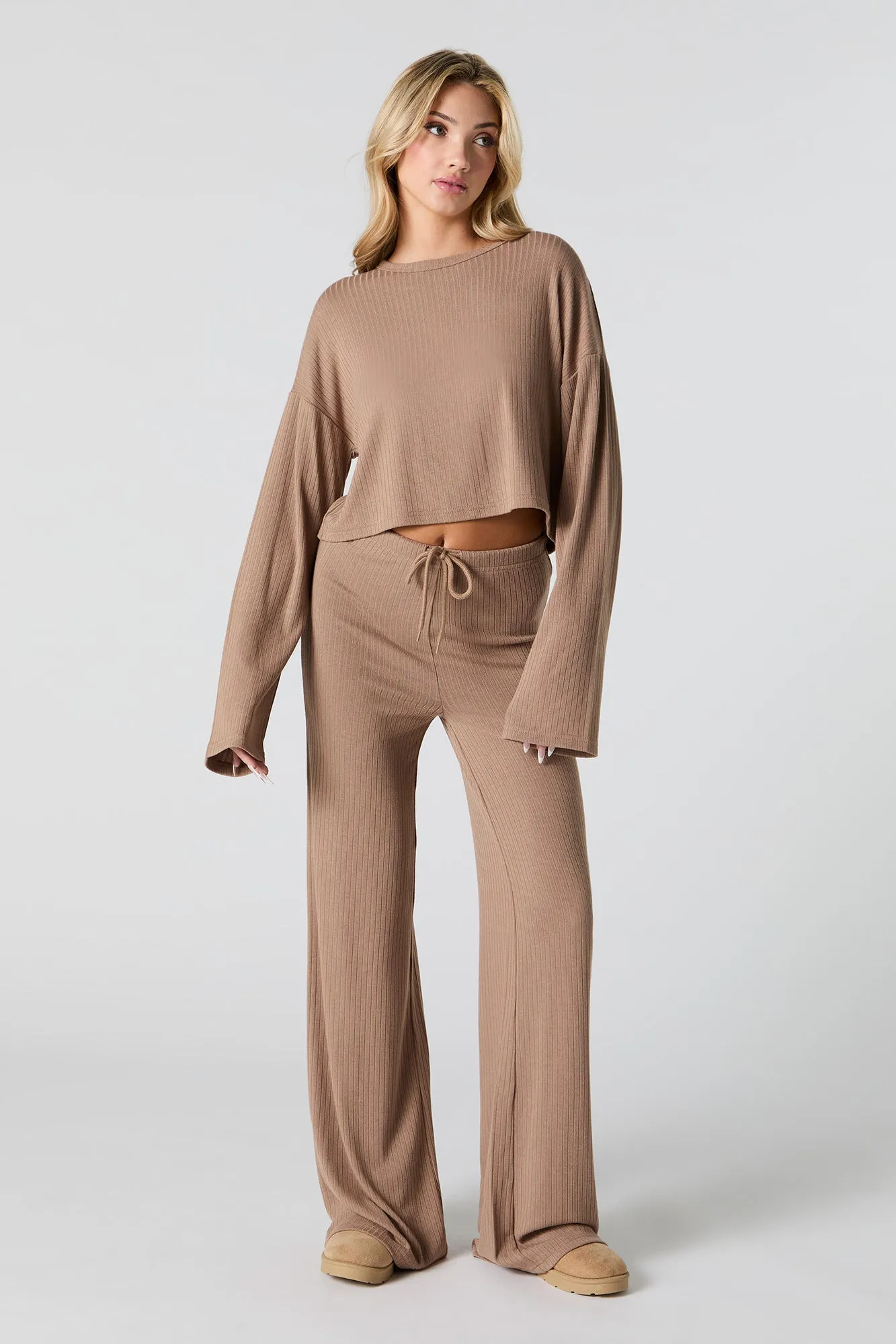 Ribbed Knit Wide Leg Drawstring Pant