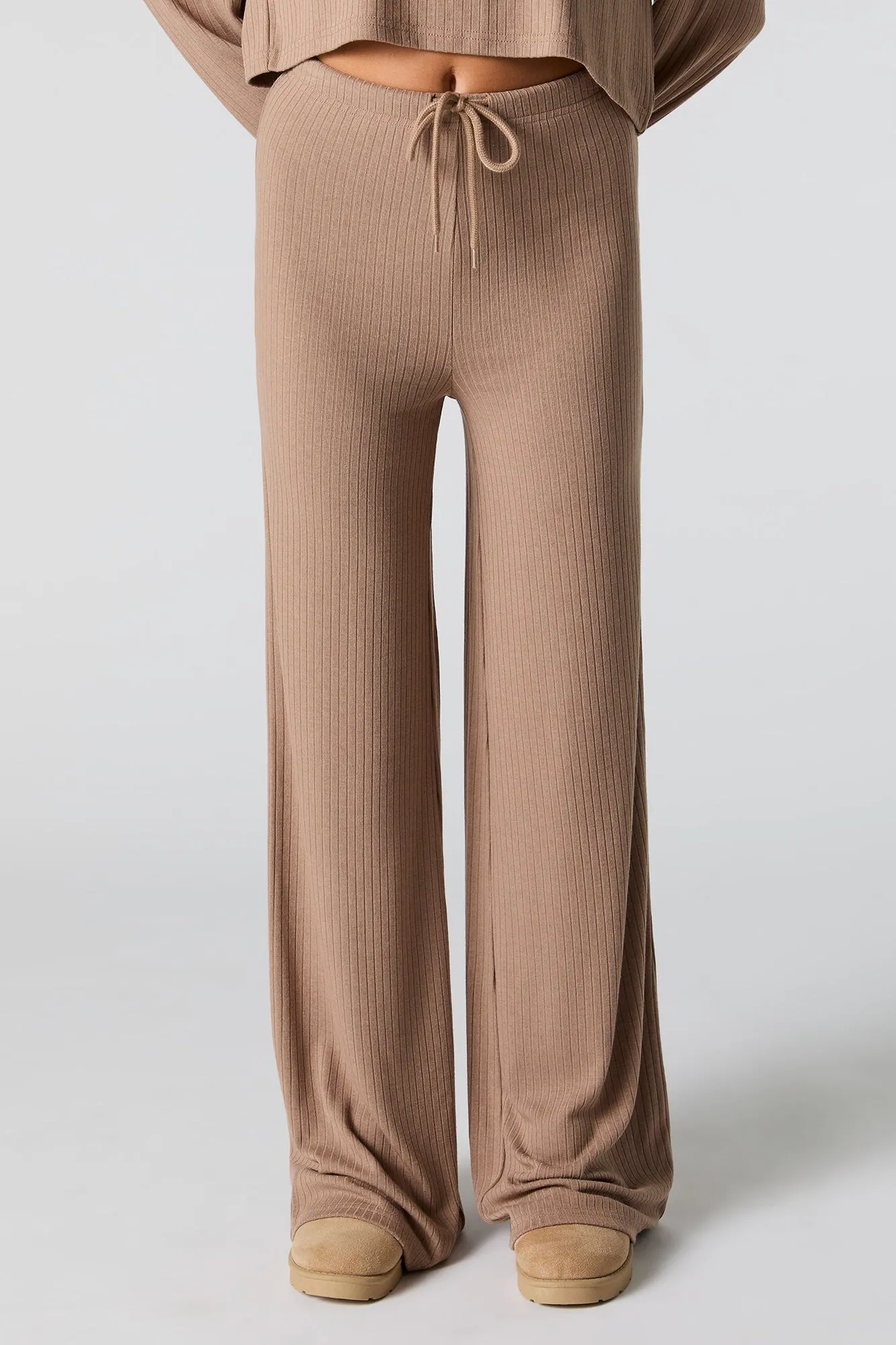 Ribbed Knit Wide Leg Drawstring Pant