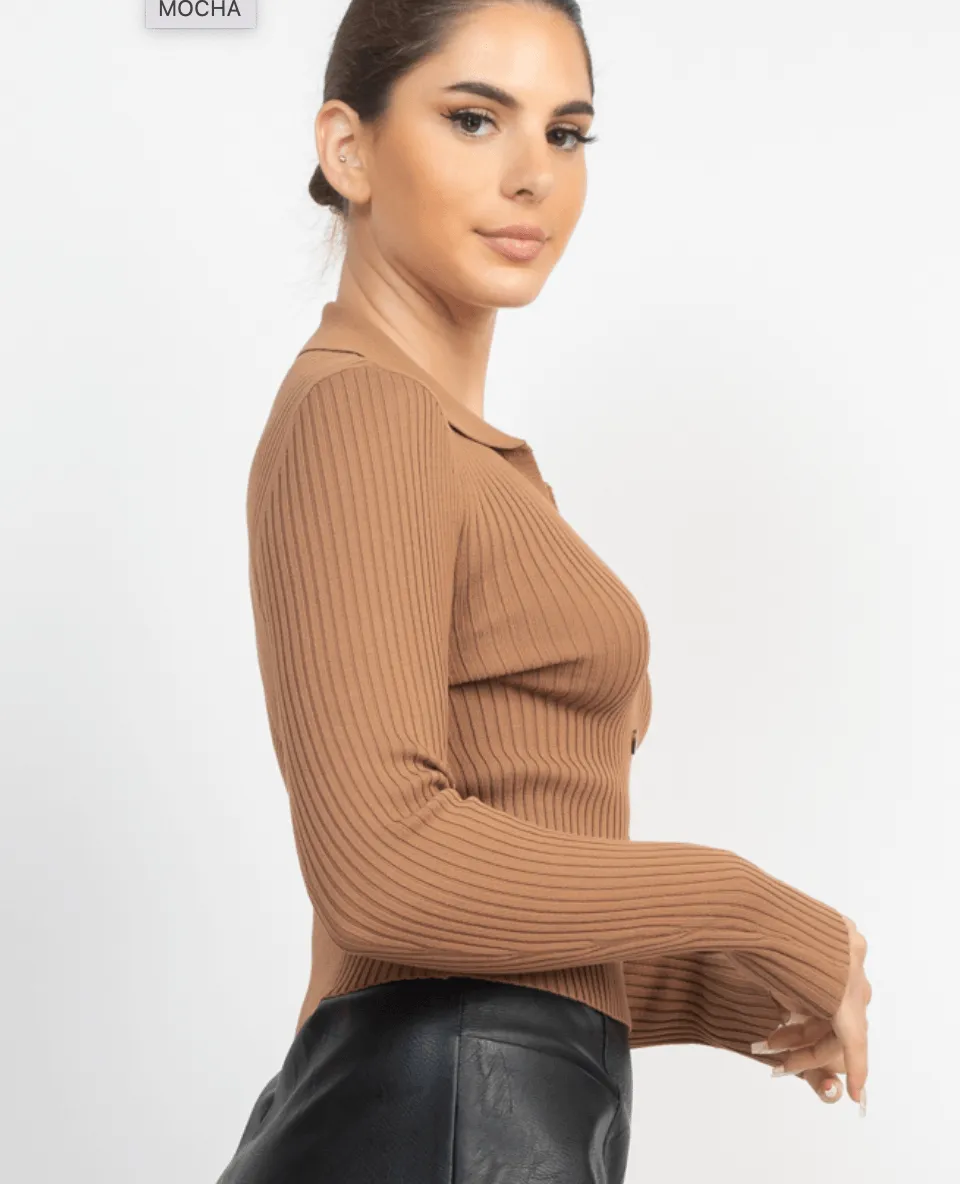 Ribbed long sleeve VNeck Henley style sweater HMSW50379