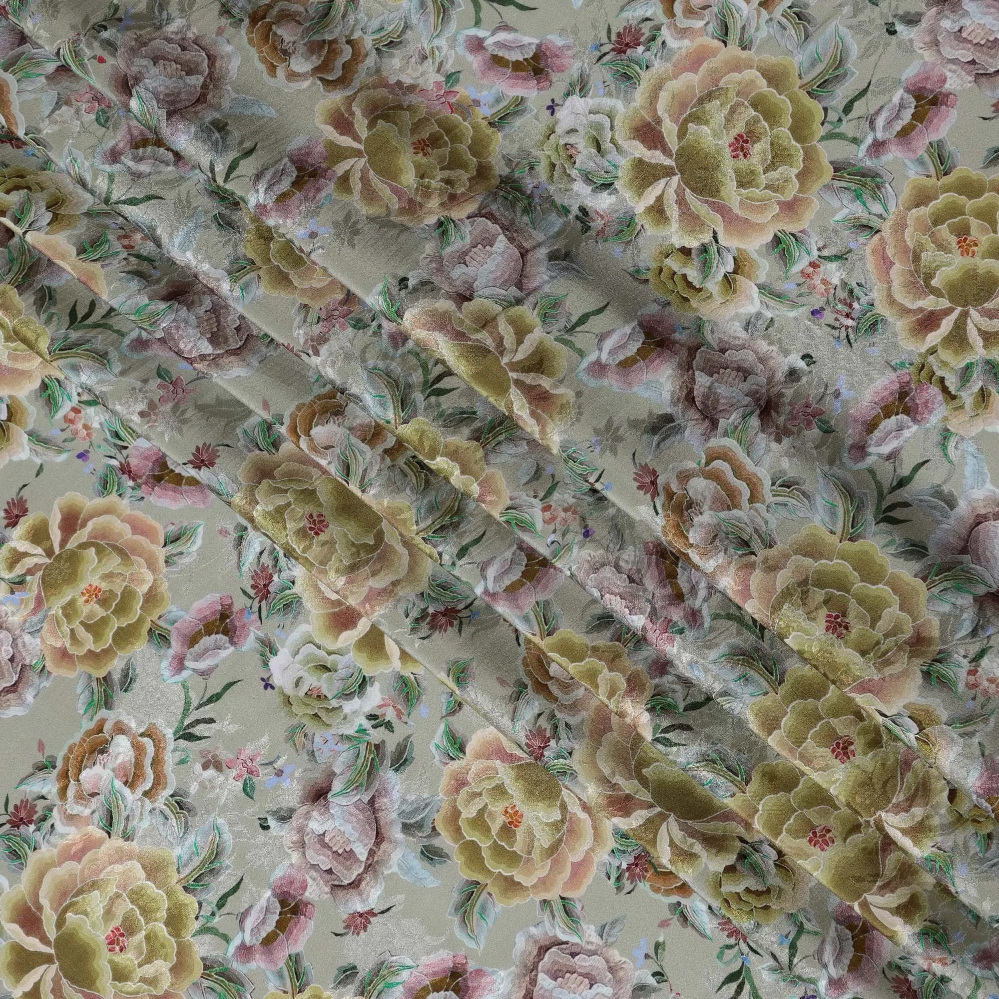 Sage Green Indian Viscose Modal Satin Fabric, Large Floral Print, 110 cm Width-D20935