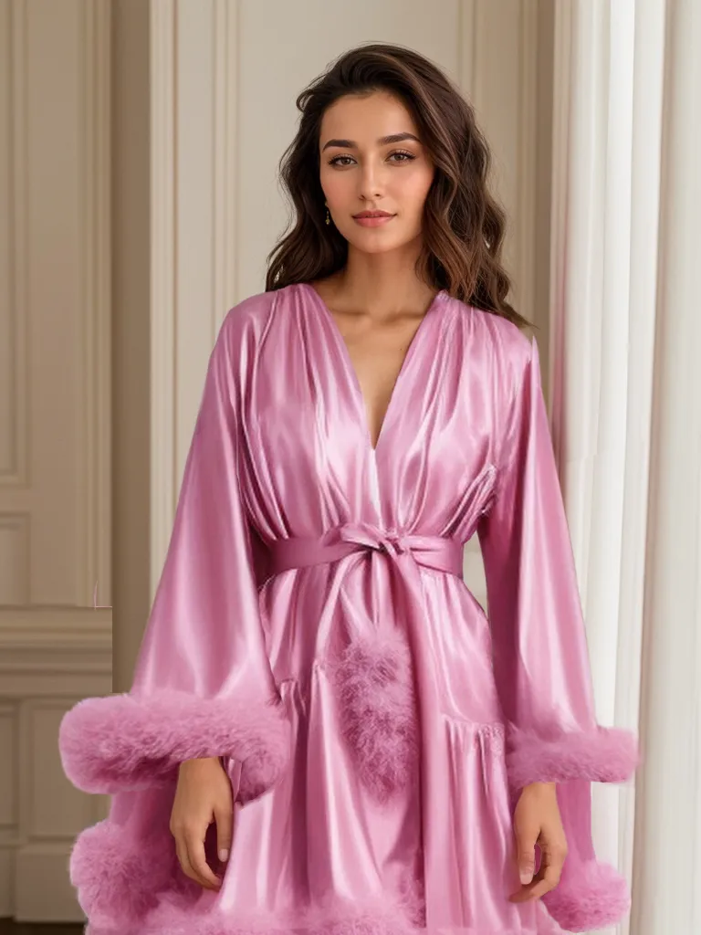 Silky satin faux turkey fur feather fringe short robe dress costume