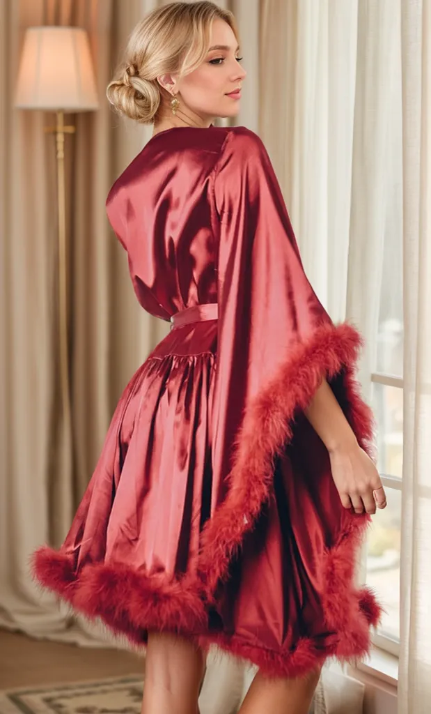 Silky satin faux turkey fur feather fringe short robe dress costume