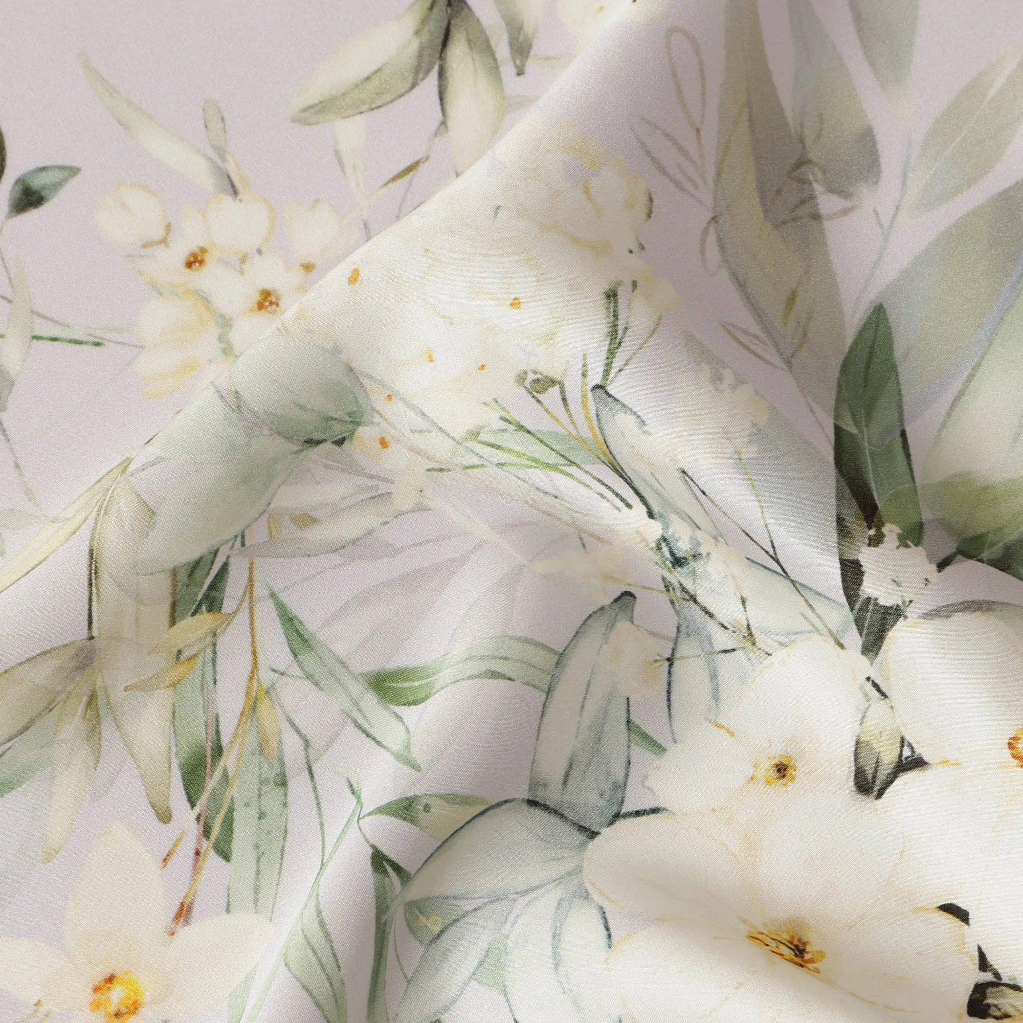 Soft Ivory Green Floral Pure Silk Satin Fabric - 140 cm Width, Made in Italy-D20730