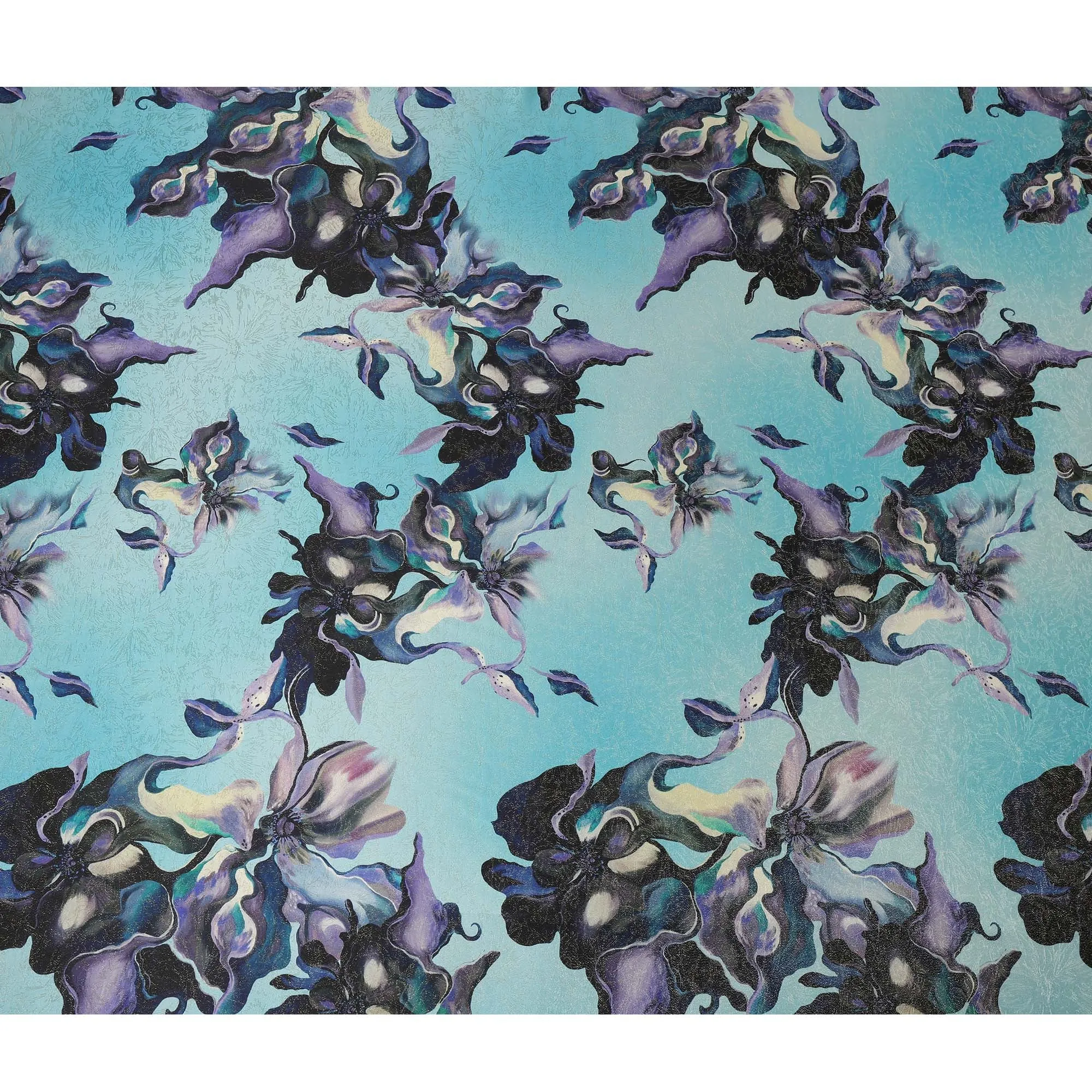 South Korean Silk Satin Fabric with Abstract Floral and Metallic Accents on Aqua Blue Background – 150 cm Width-D20335