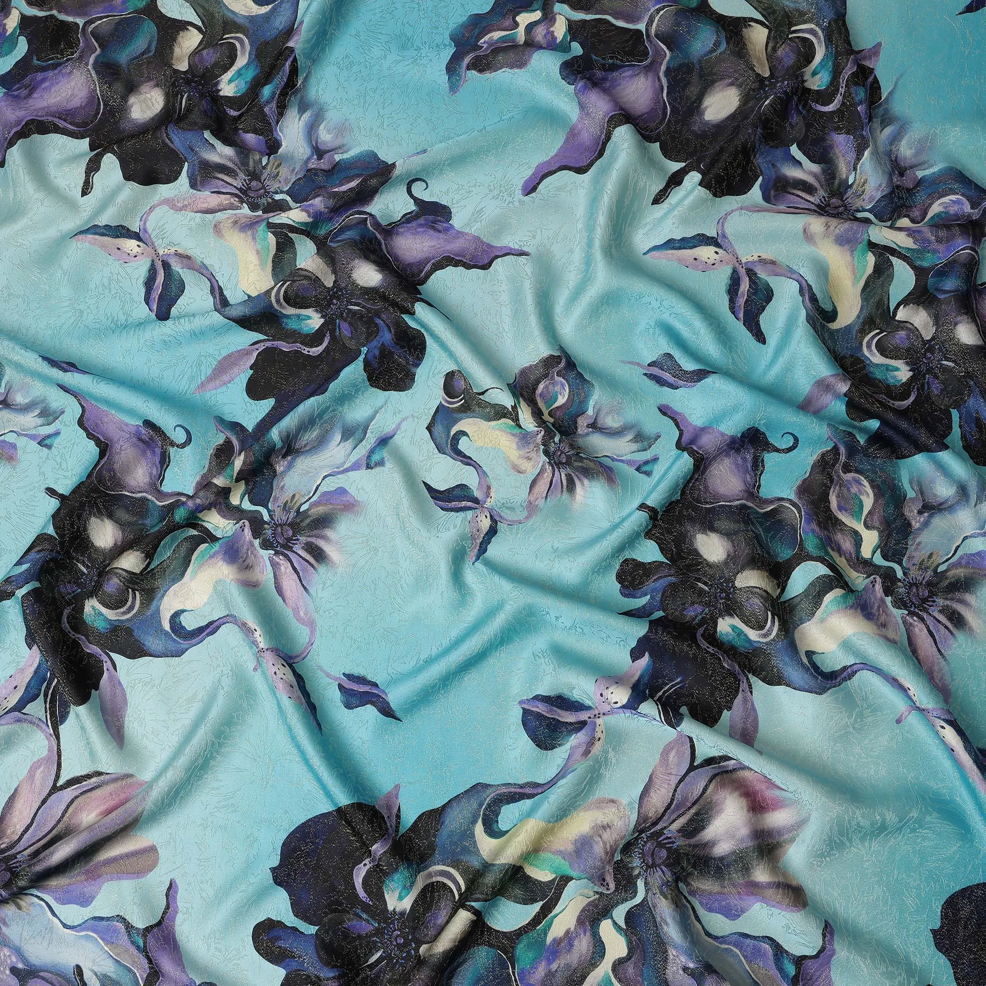 South Korean Silk Satin Fabric with Abstract Floral and Metallic Accents on Aqua Blue Background – 150 cm Width-D20335