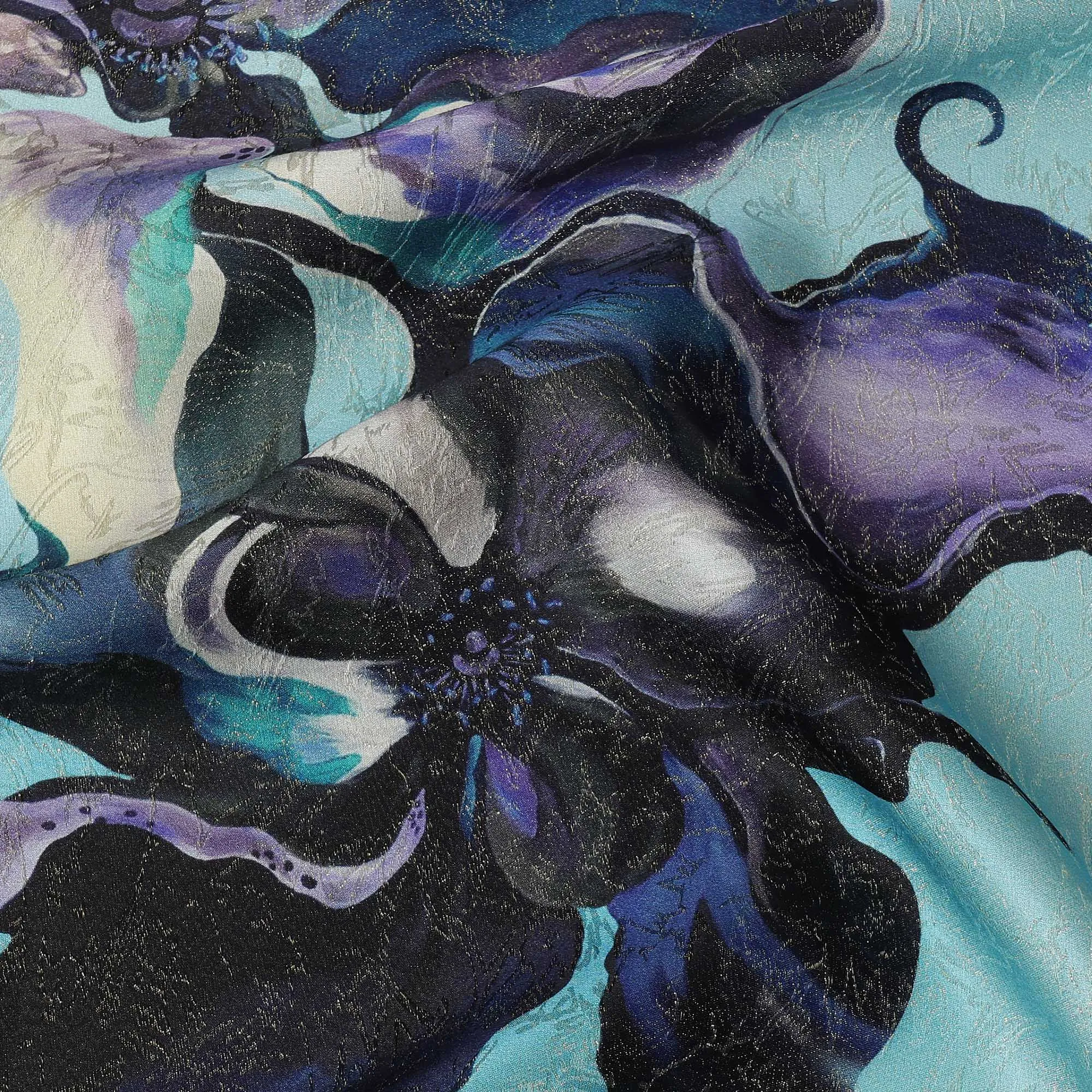 South Korean Silk Satin Fabric with Abstract Floral and Metallic Accents on Aqua Blue Background – 150 cm Width-D20335