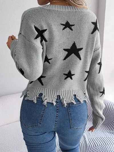 Star Pattern Distressed V-Neck Cropped Sweater