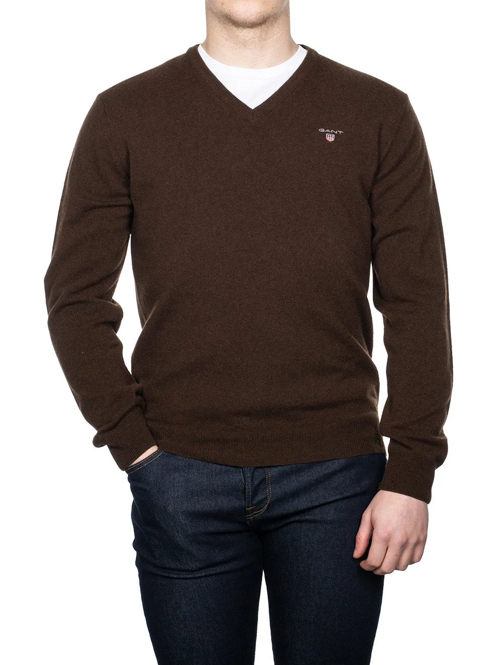 Super Fine Lambswool V-Neck Sweater Dark Brown Melange