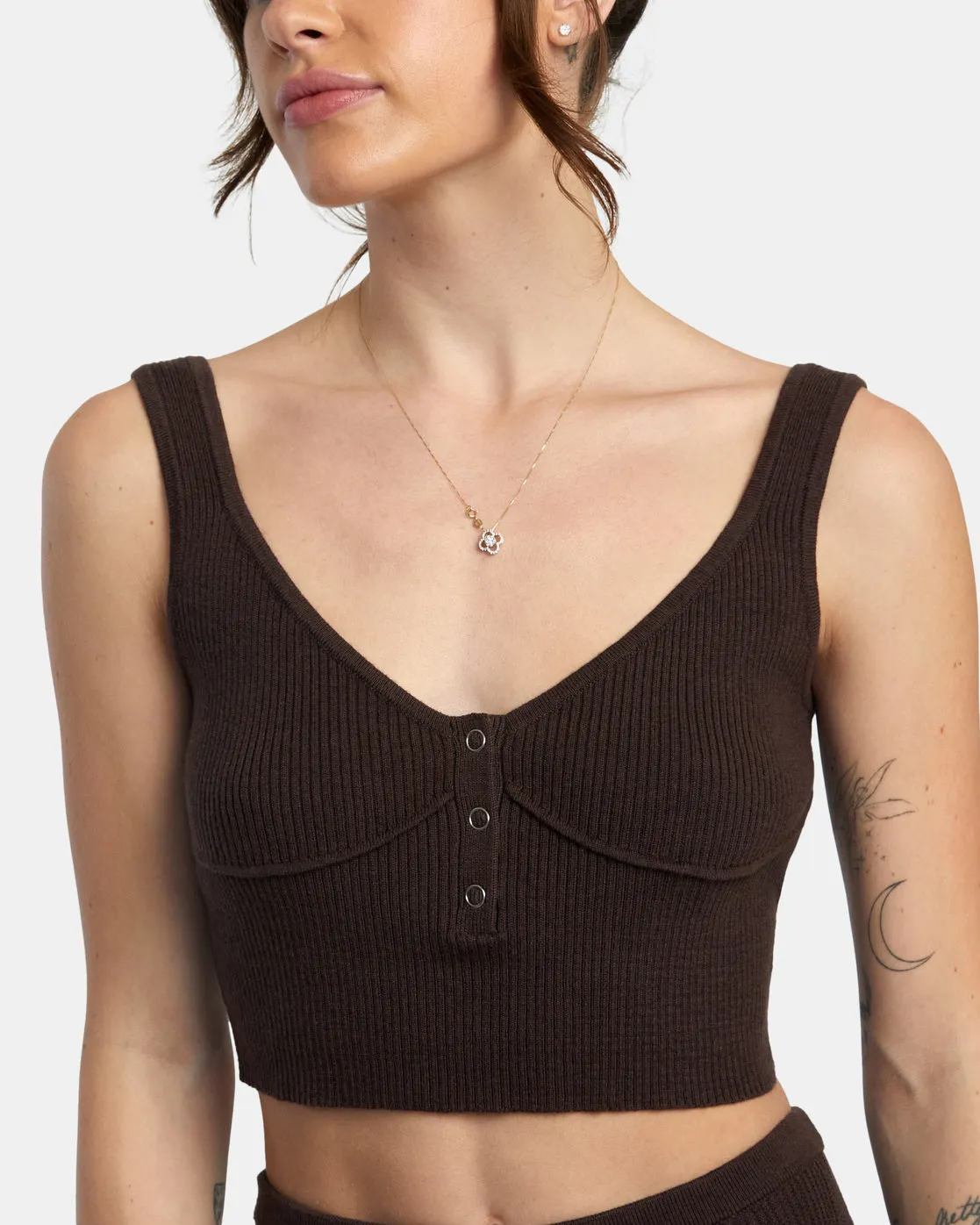 Swerve Henley Rib Knit Crop Top - Java