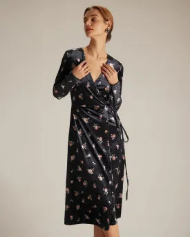 The Black V Neck Floral Velvet Wrap Midi Dress