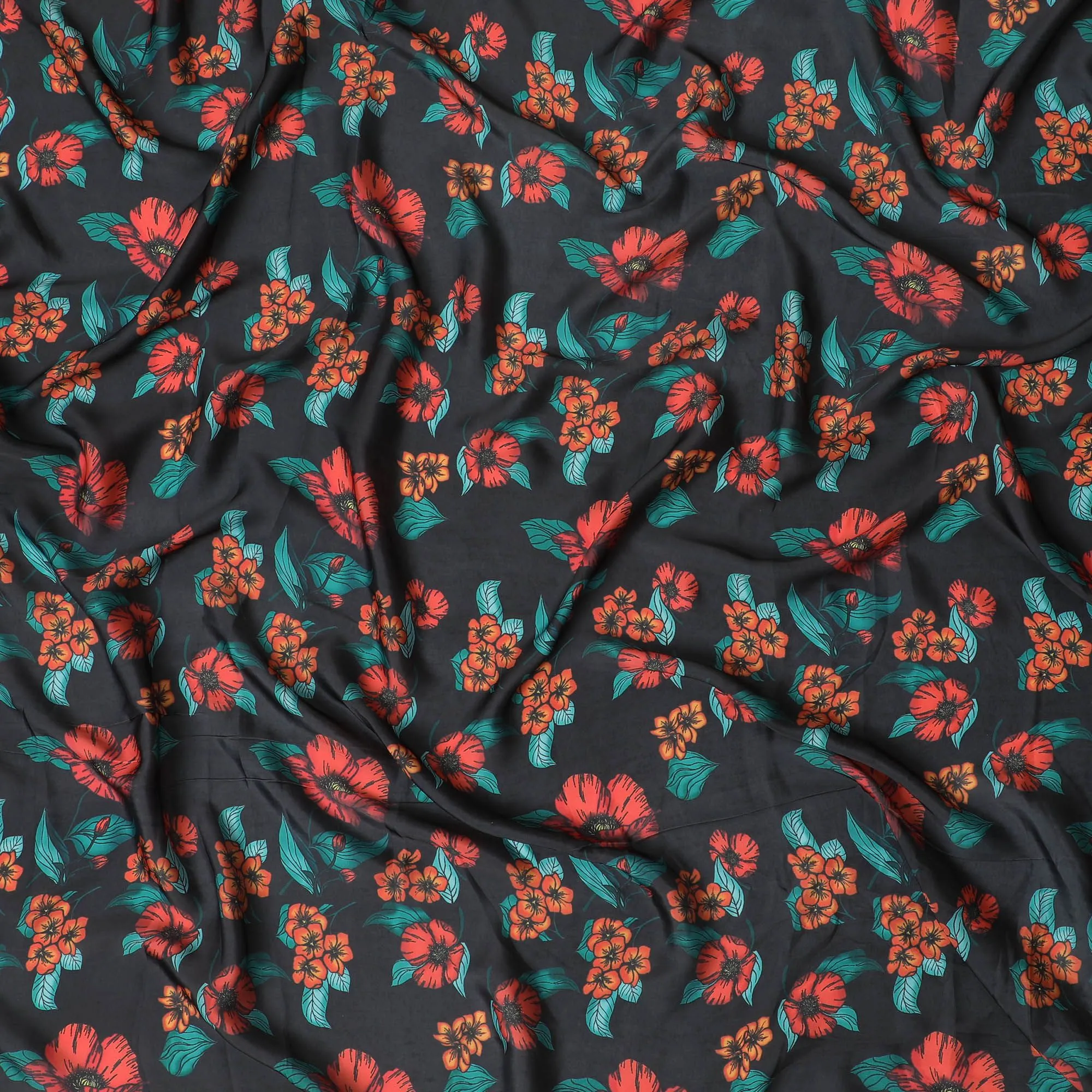 Tropical Coral Reef Modal Satin Fabric - 110cm Wide, Vibrant Floral Print from India-D18526