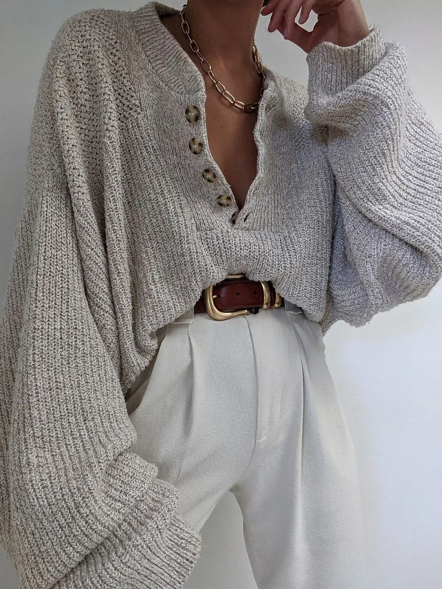 V-Neck Button Loose Sweater