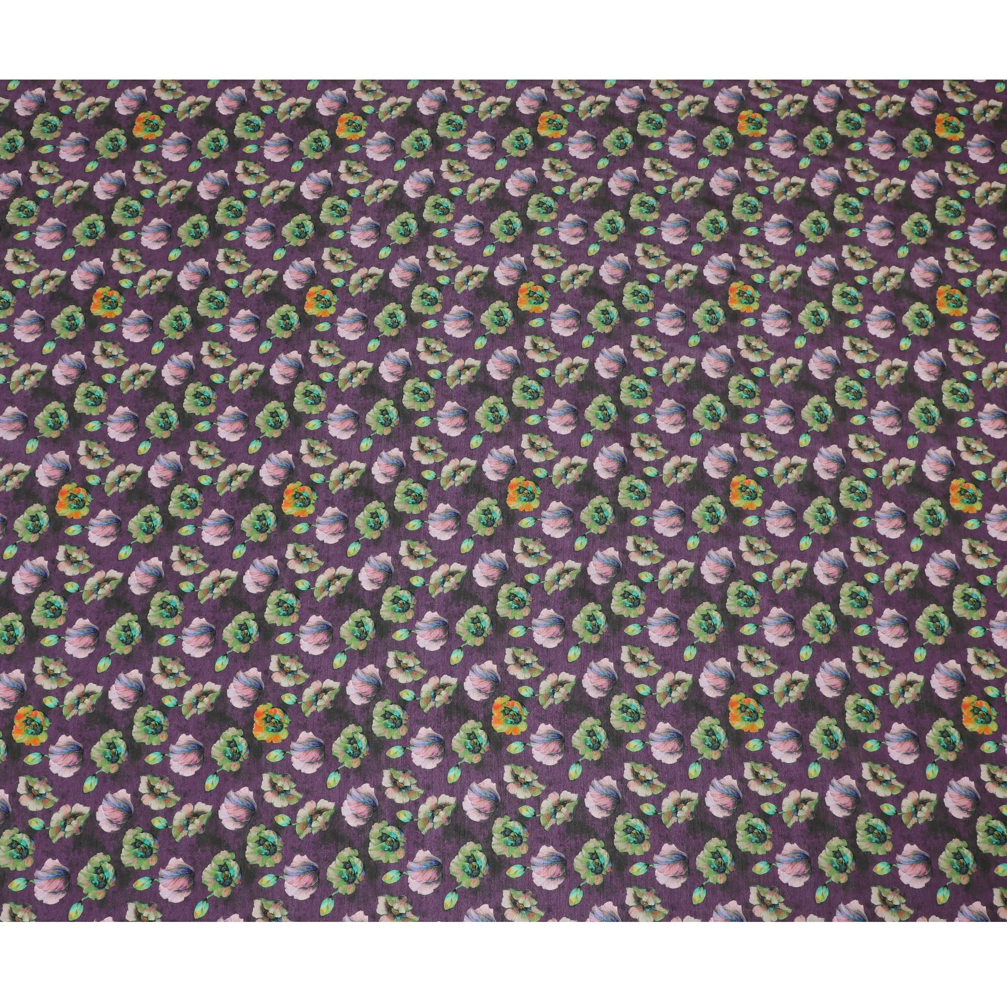 Vibrant Purple and Green Floral Viscose Modal Satin Fabric - 110 cm Width-D19980