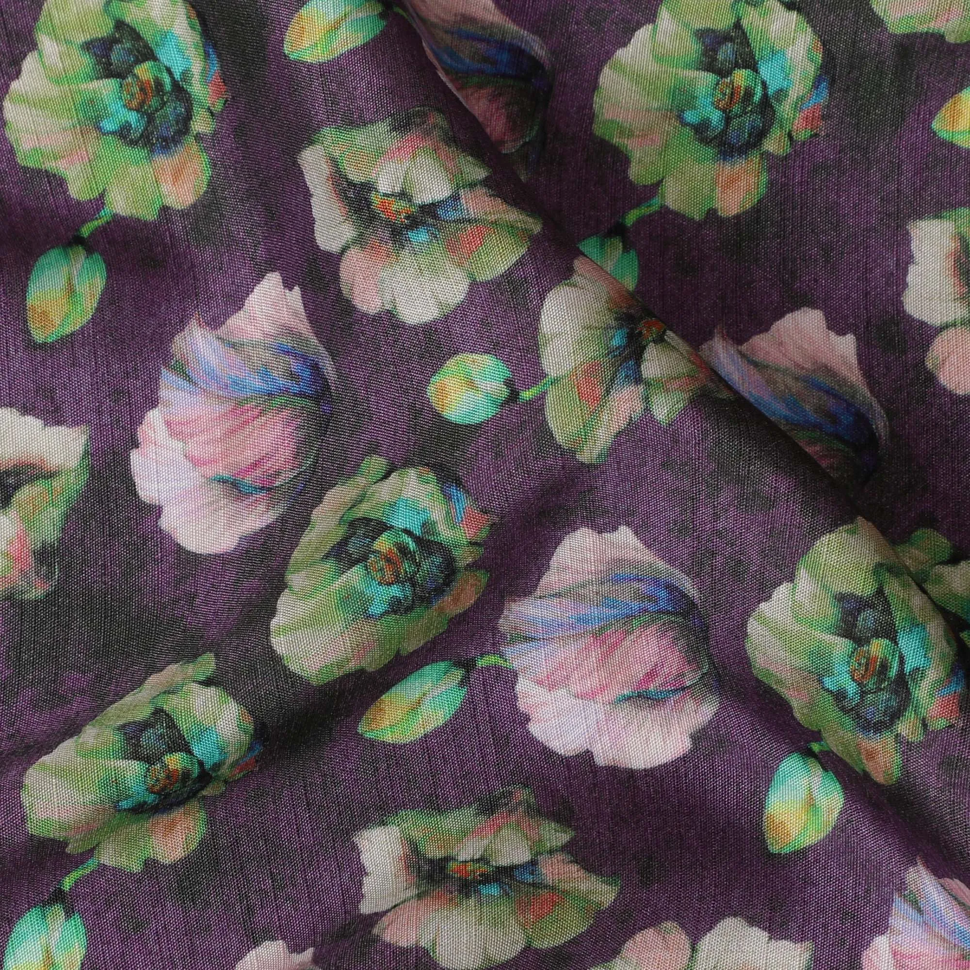 Vibrant Purple and Green Floral Viscose Modal Satin Fabric - 110 cm Width-D19980