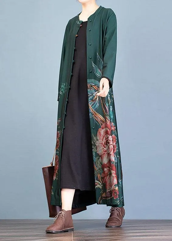 vintage green prints Coat Women oversize long coat fall trench coats o neck