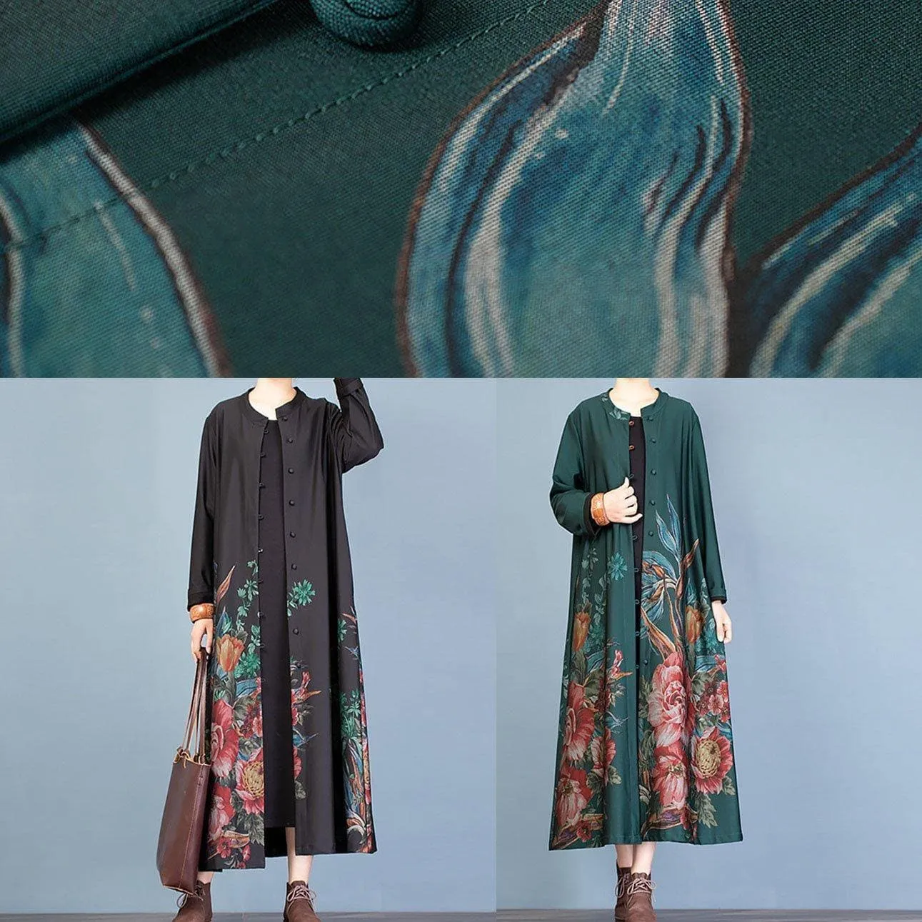 vintage green prints Coat Women oversize long coat fall trench coats o neck