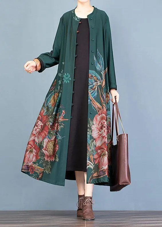 vintage green prints Coat Women oversize long coat fall trench coats o neck