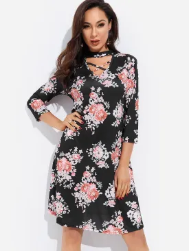 Wholesale Black Crew Neck 3/4 Length Sleeve Floral Print Crossed Front Cut Out Dresses