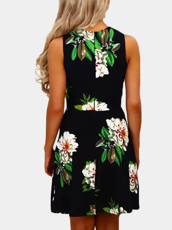 Wholesale Black Round Neck Sleeveless Floral Print Zip Back Dresses