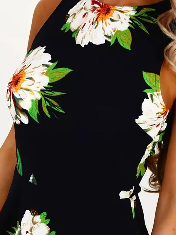 Wholesale Black Round Neck Sleeveless Floral Print Zip Back Dresses