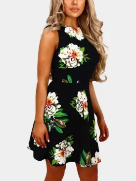 Wholesale Black Round Neck Sleeveless Floral Print Zip Back Dresses