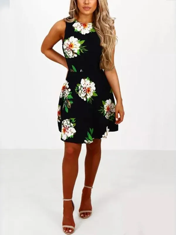 Wholesale Black Round Neck Sleeveless Floral Print Zip Back Dresses