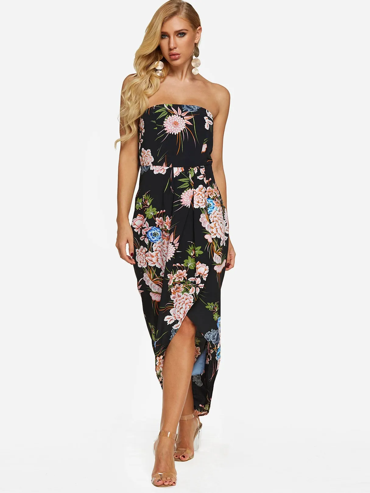 Wholesale Black Strapless Sleeveless Floral Print Backless Self-Tie Irregular Hem Dresses