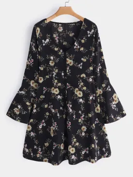 Wholesale Black V-Neck Long Sleeve Floral Print Dress