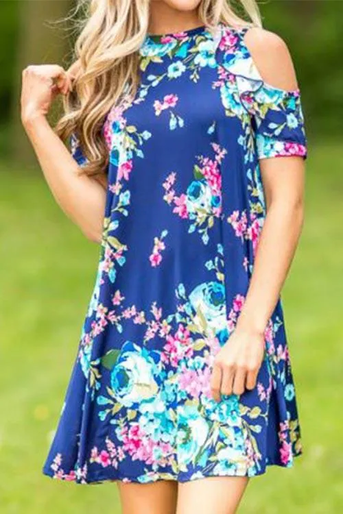 Wholesale Blue Crew Neck Short Sleeve Floral Print Dresses