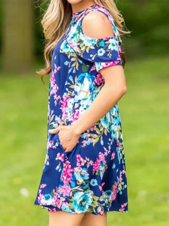 Wholesale Blue Crew Neck Short Sleeve Floral Print Dresses