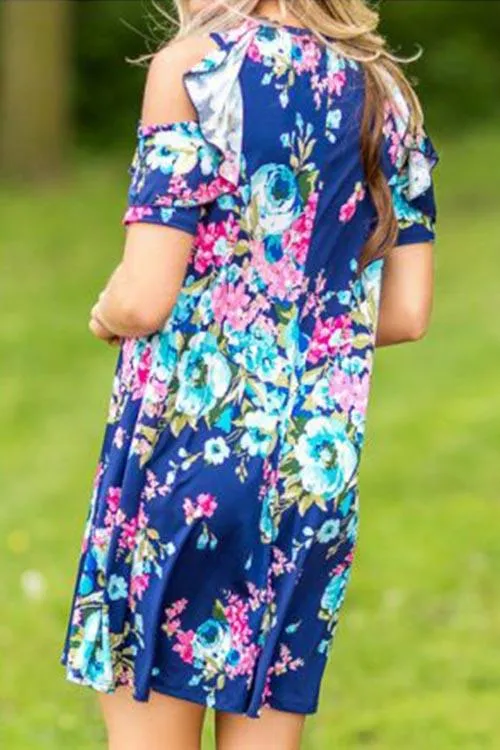 Wholesale Blue Crew Neck Short Sleeve Floral Print Dresses