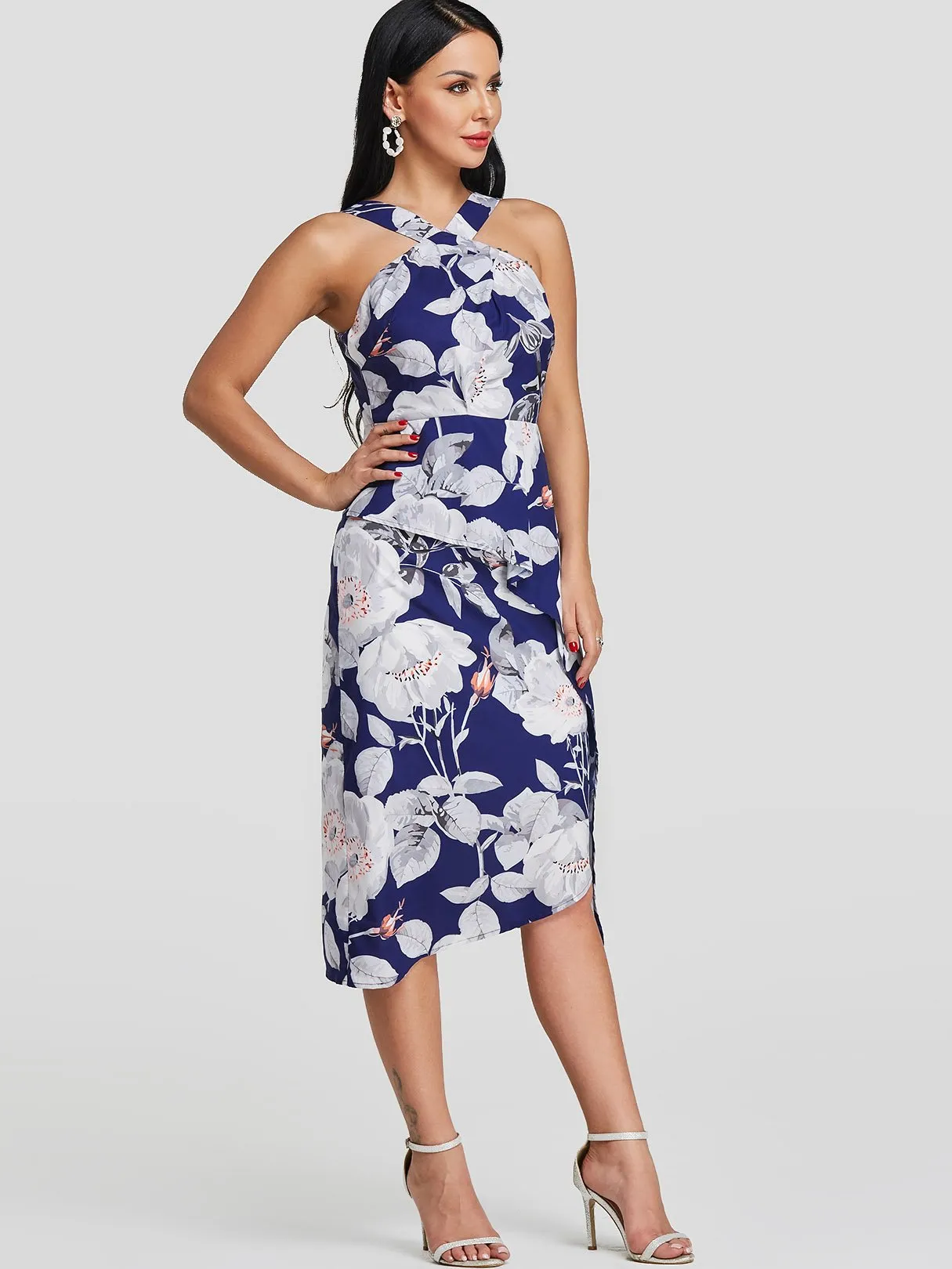 Wholesale Blue Halter Strapless Sleeveless Floral Print Zip Back Irregular Hem Dresses