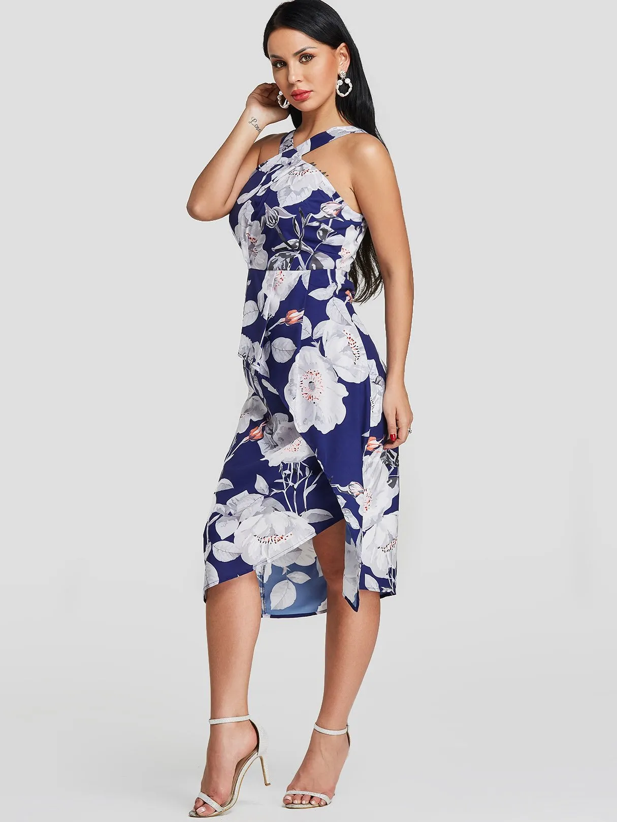 Wholesale Blue Halter Strapless Sleeveless Floral Print Zip Back Irregular Hem Dresses