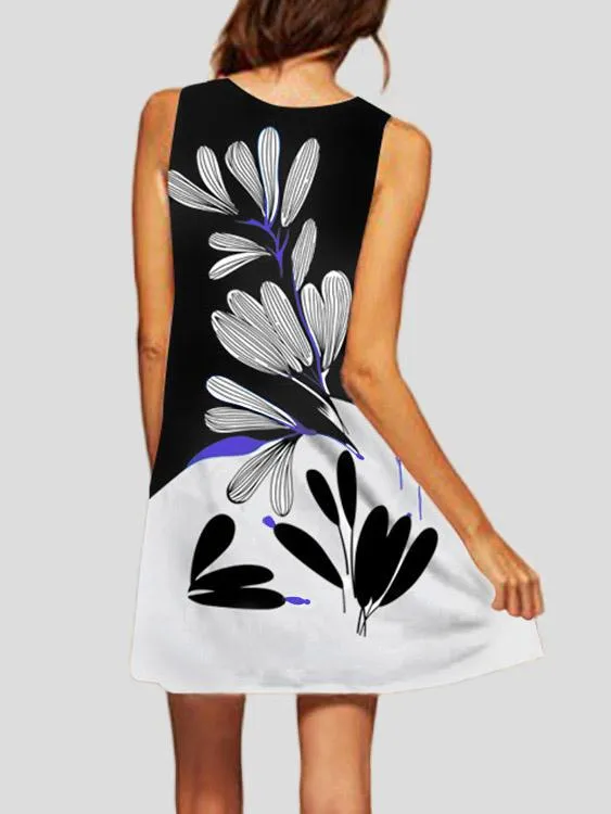 Wholesale Floral Print Crew Neck Sleeveless Black Dresses