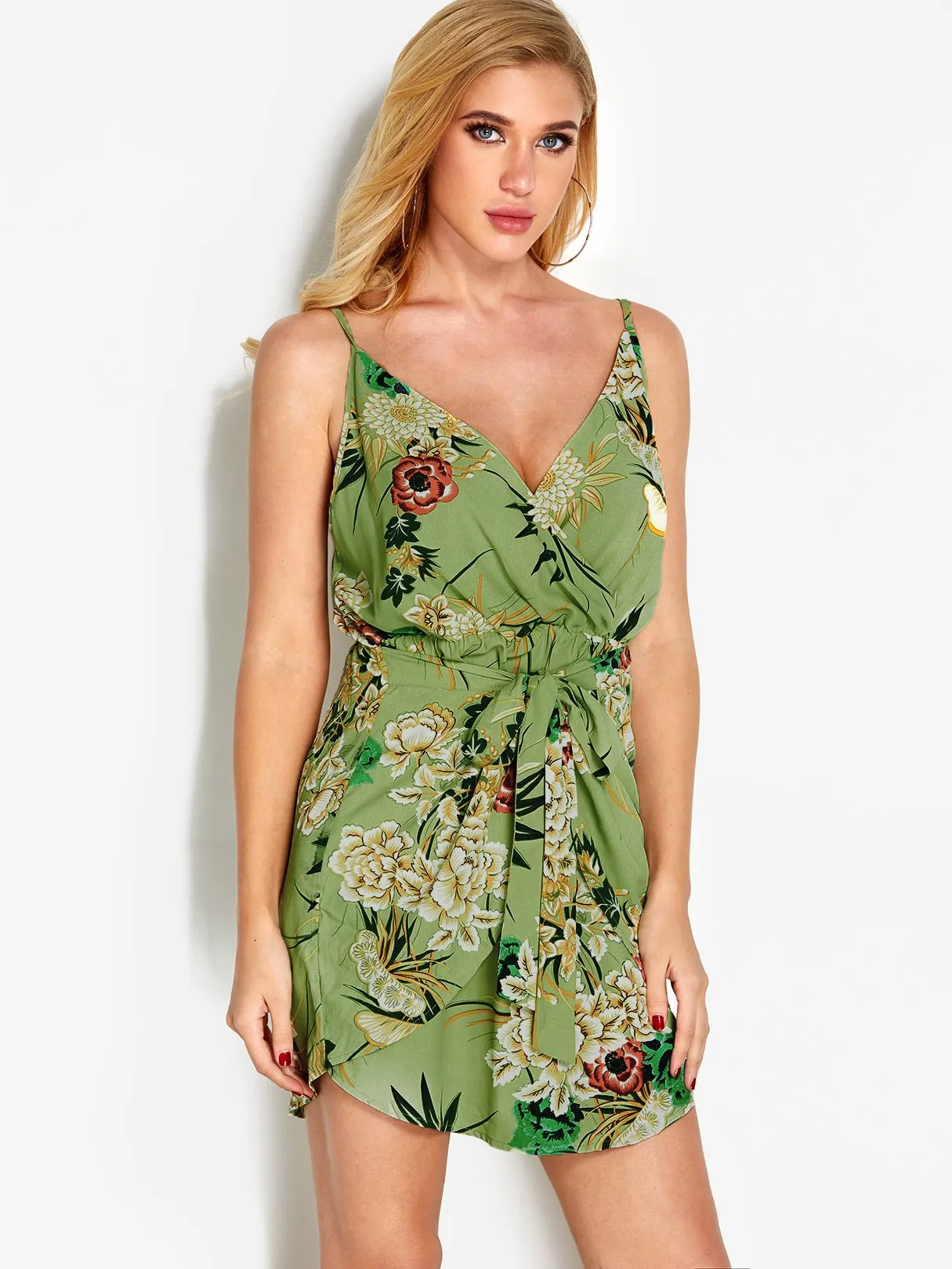 Wholesale Green V-Neck Sleeveless Floral Print Backless Irregular Hem Dresses