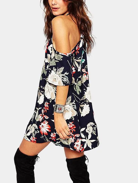 Wholesale Halter Off The Shoulder Short Sleeve Floral Print Dresses