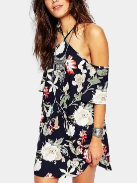 Wholesale Halter Off The Shoulder Short Sleeve Floral Print Dresses