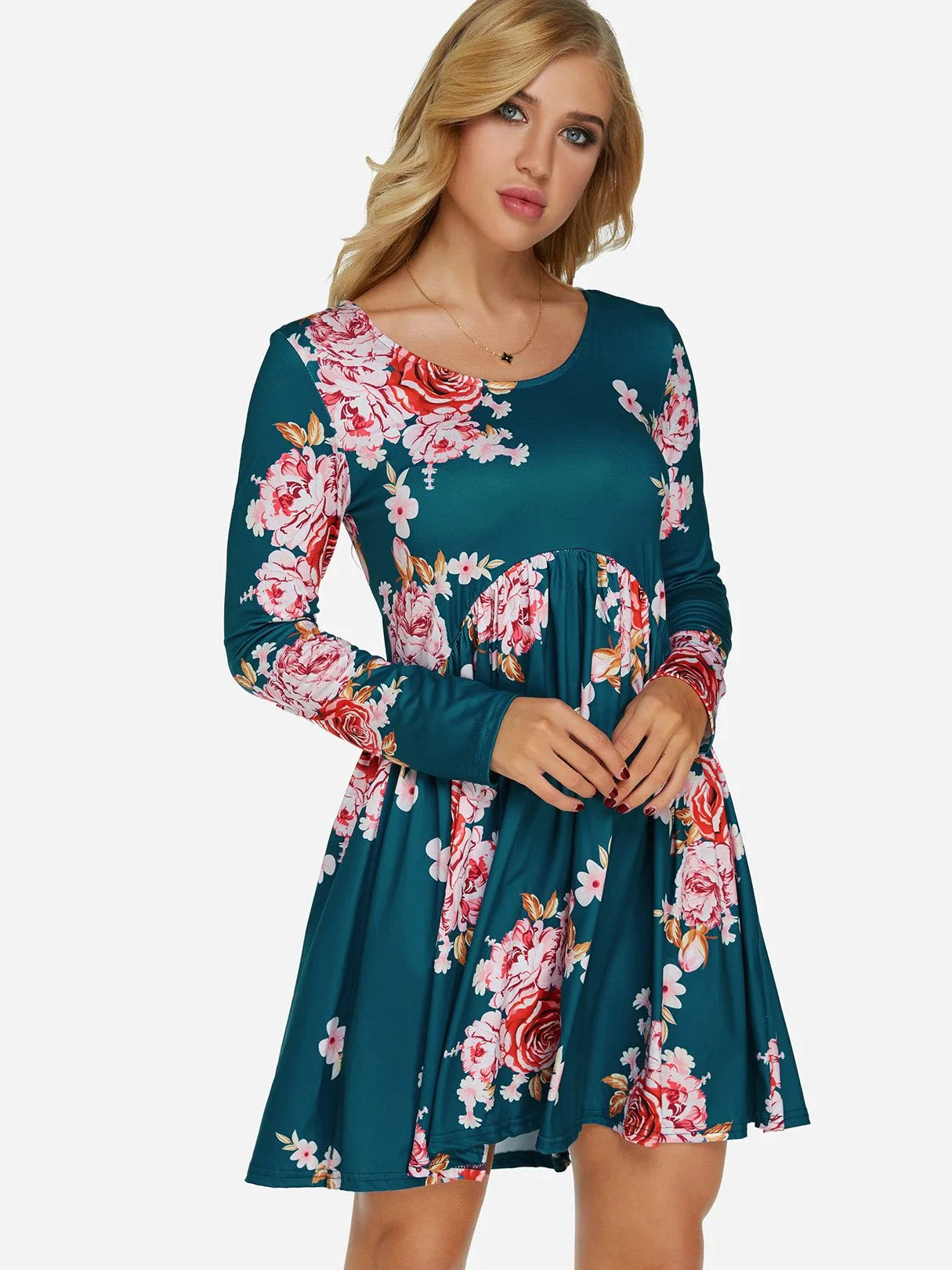 Wholesale Round Neck Long Sleeve Floral Print Ruffle Hem Dresses