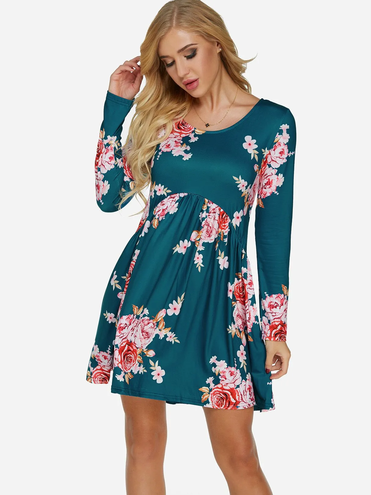 Wholesale Round Neck Long Sleeve Floral Print Ruffle Hem Dresses