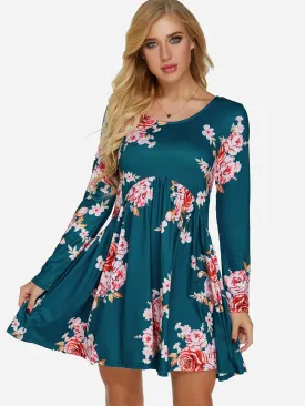 Wholesale Round Neck Long Sleeve Floral Print Ruffle Hem Dresses