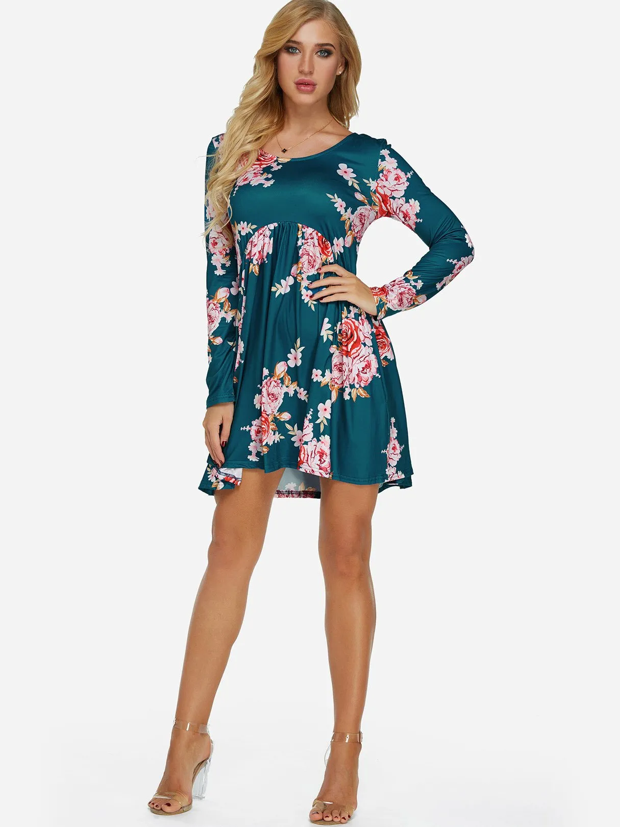 Wholesale Round Neck Long Sleeve Floral Print Ruffle Hem Dresses