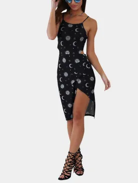 Wholesale Round Neck Sleeveless Floral Print Backless Slit Hem Dresses