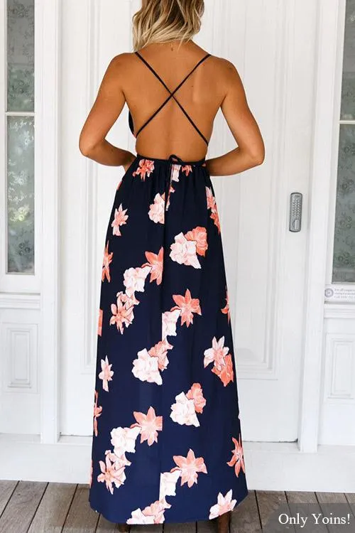 Wholesale Sleeveless Floral Print Backless Spaghetti Strap Slit Hem Dresses