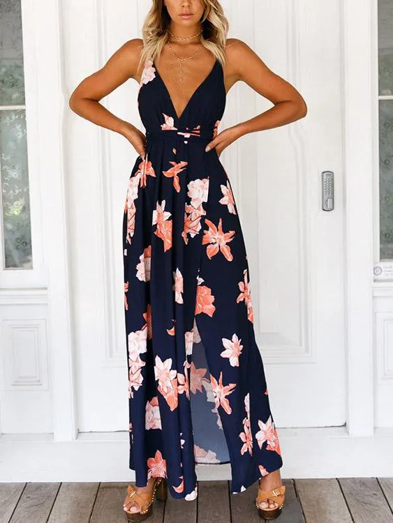 Wholesale Sleeveless Floral Print Backless Spaghetti Strap Slit Hem Dresses