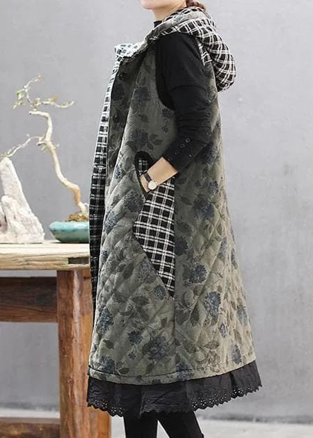 Women Green Print Winter Coats Casual Hooded Sleeveless Outwear