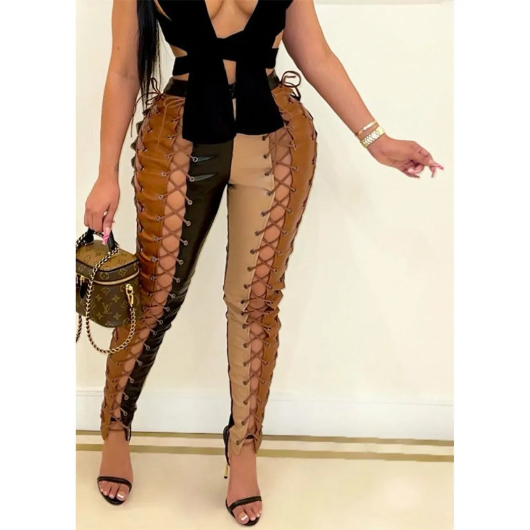 Women Handmade PU Leather Multicolor Pant/Lace Up Faux Leather Pant/Tie Faux Leather Stretch Leggings Trousers     Str Stre