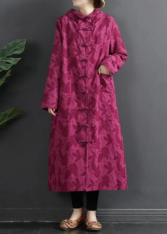 Women Hooded Chinese Button Rose Jacquard Robes Dress